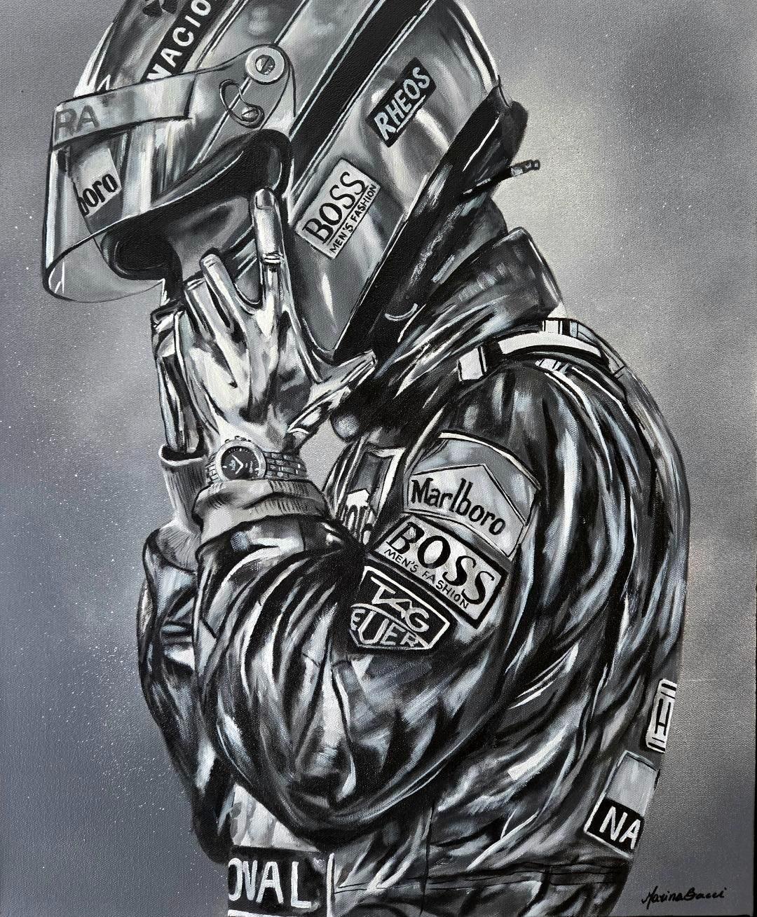 Black-and-white acrylic painting of a race car driver adjusting his helmet, sponsor patches on the racing suit.