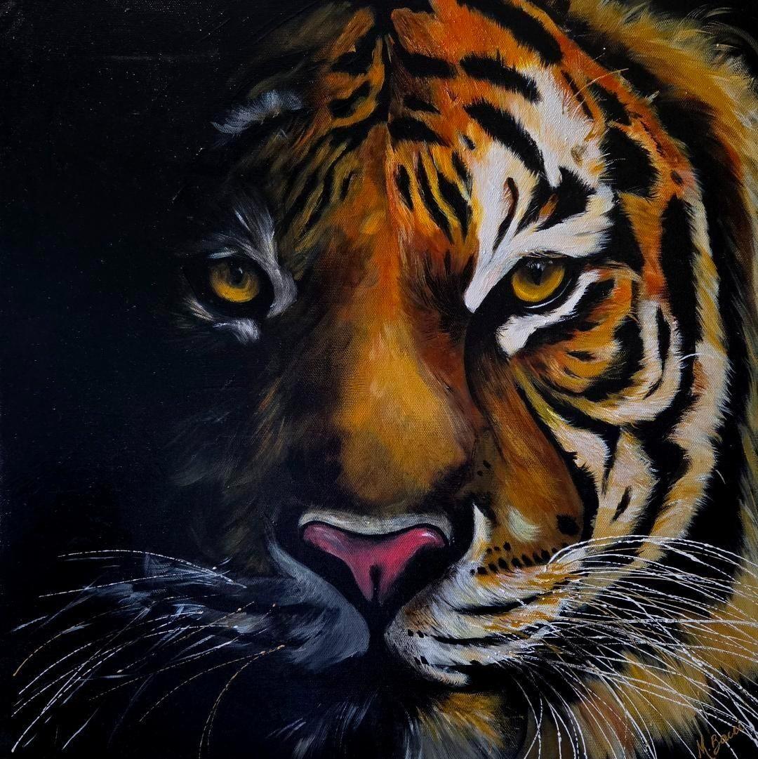 Acrylic painting of a tiger's face emerging from a dark background, its eyes catching the light.