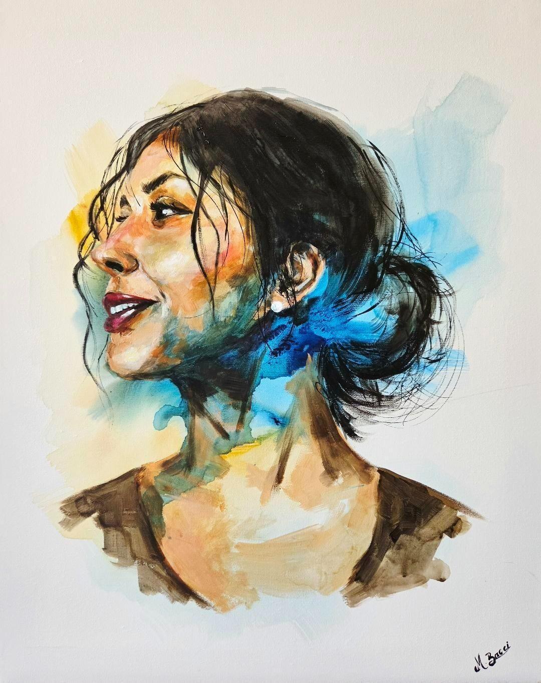 Watercolor and acrylic portrait of a woman in profile, her hair loose, painted in warm and cool washes of color.