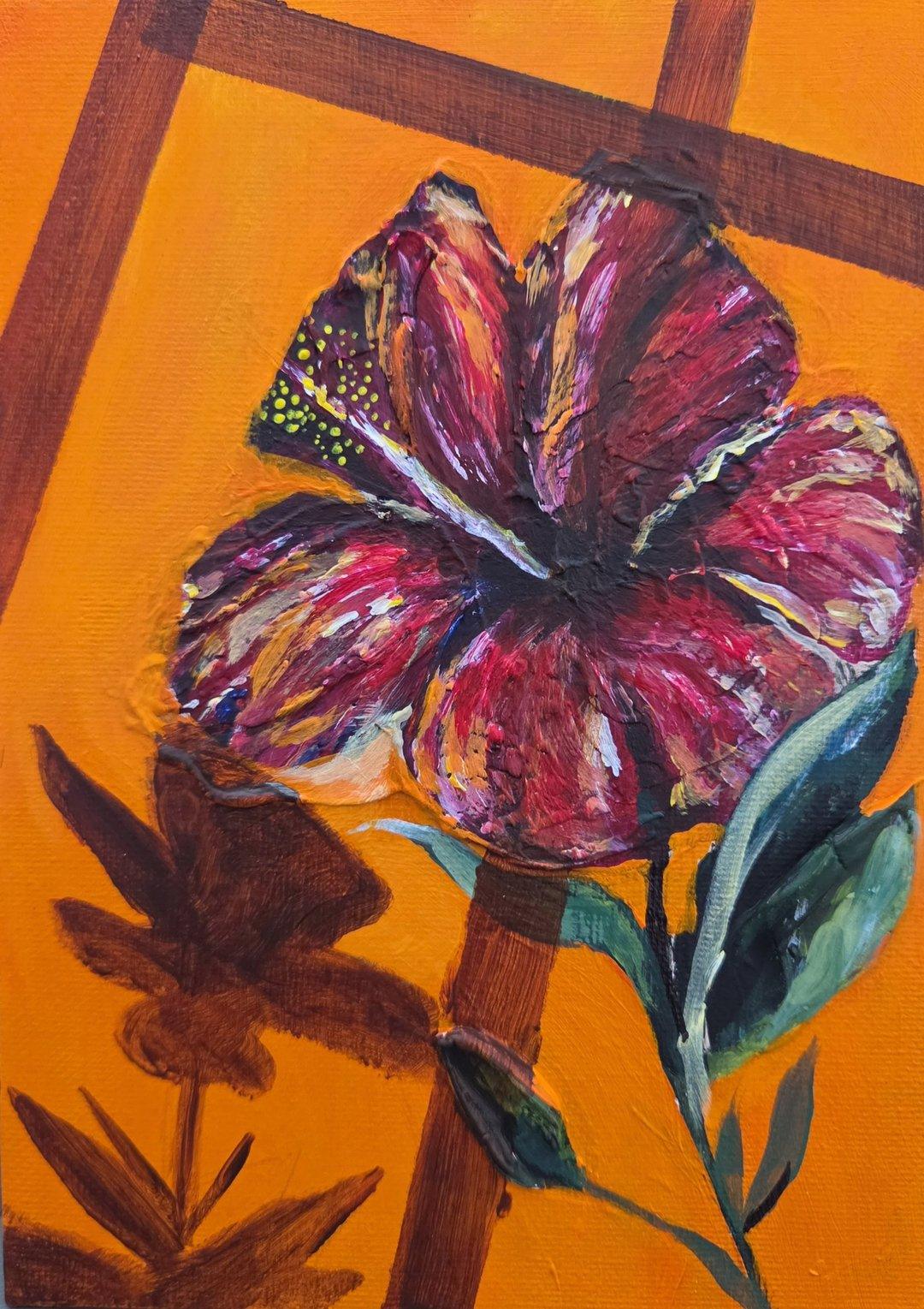 Textured acrylic painting of a deep red hibiscus flower with green leaves on a bright orange background crossed by brown lines.