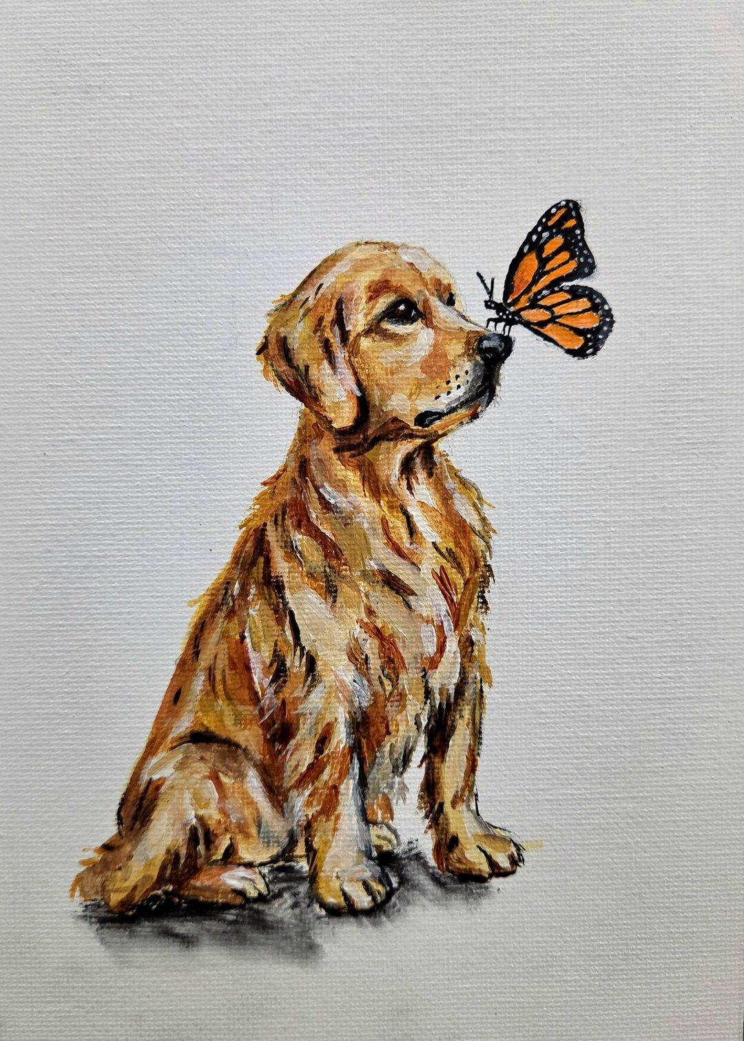 Acrylic painting of a golden retriever puppy sitting calmly while a monarch butterfly rests on its nose.