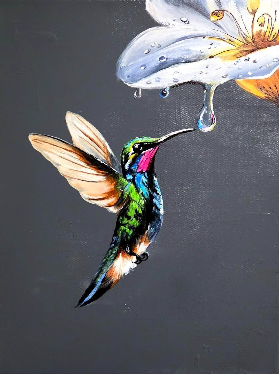 Acrylic painting of a hummingbird in flight, reaching toward a water droplet falling from a white flower.
