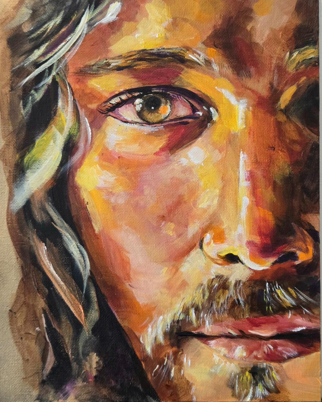 Close-up acrylic portrait of a bearded man's eye, painted in warm gold and amber tones.