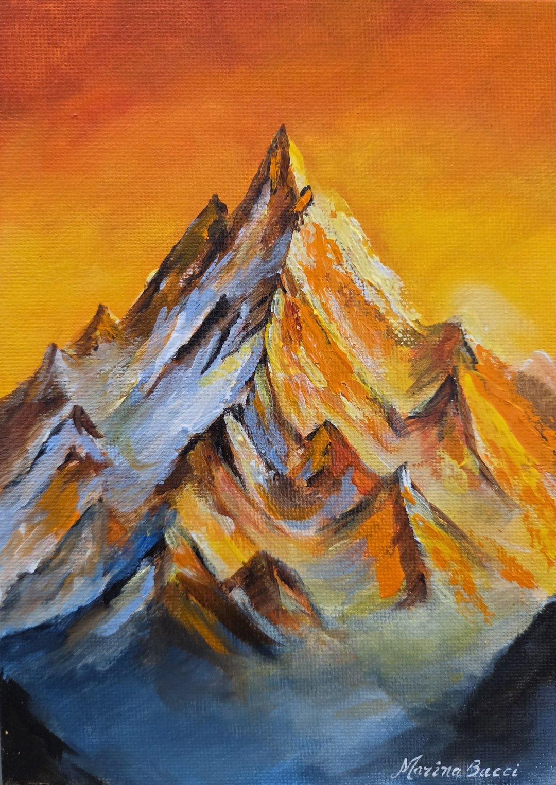 Acrylic painting of a snowy mountain peak glowing gold and orange under a bright orange sky.