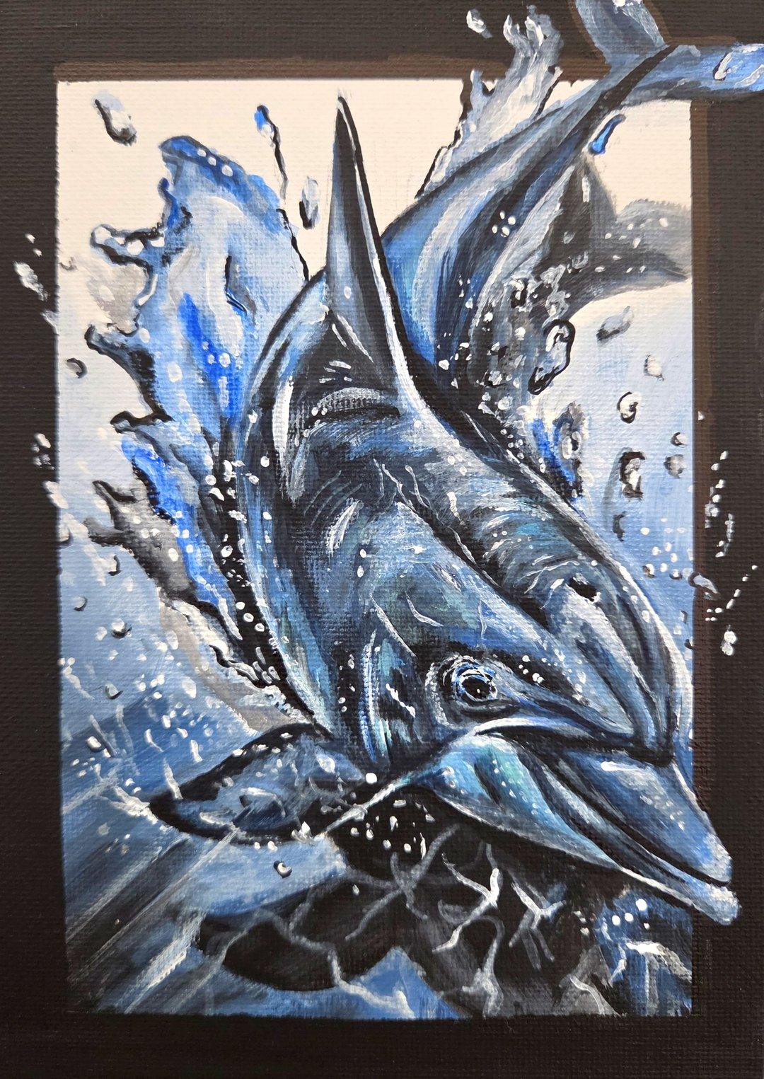 Acrylic painting in blues and whites of a dolphin bursting through a splash of water, framed by a dark border.