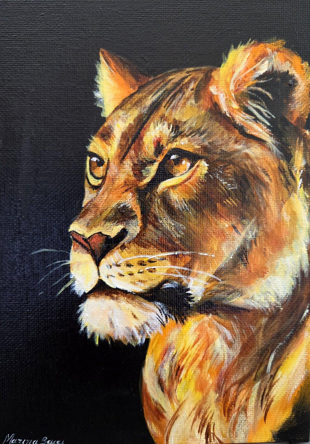 Acrylic painting of a lioness in profile, her face lit in warm golden tones against a black background.